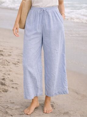 Talbots Linen Wide Leg Striped Pull On Relaxed Fit Pants Blue White Size 14